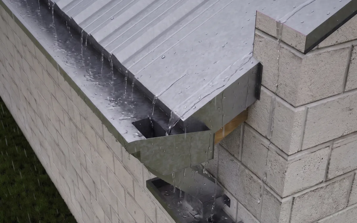 Canaleta americana galvanizada con terminal en la esquina de una casa de bloques, bajo la lluvia