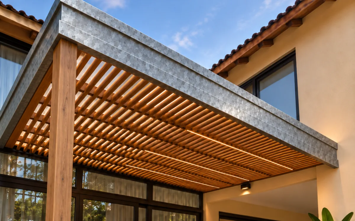 Pérgola de quincho con cenefa de chapa galvanizada en el borde del techo