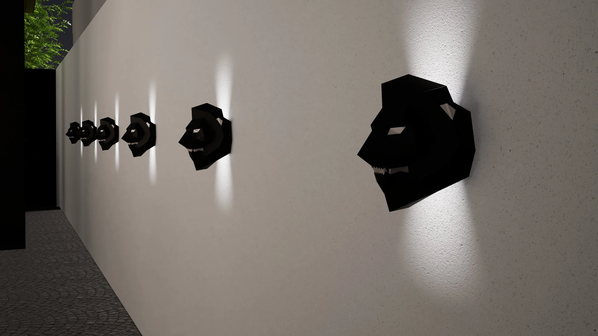 Apliques de pared León Luz encendidos en hilera sobre una pared