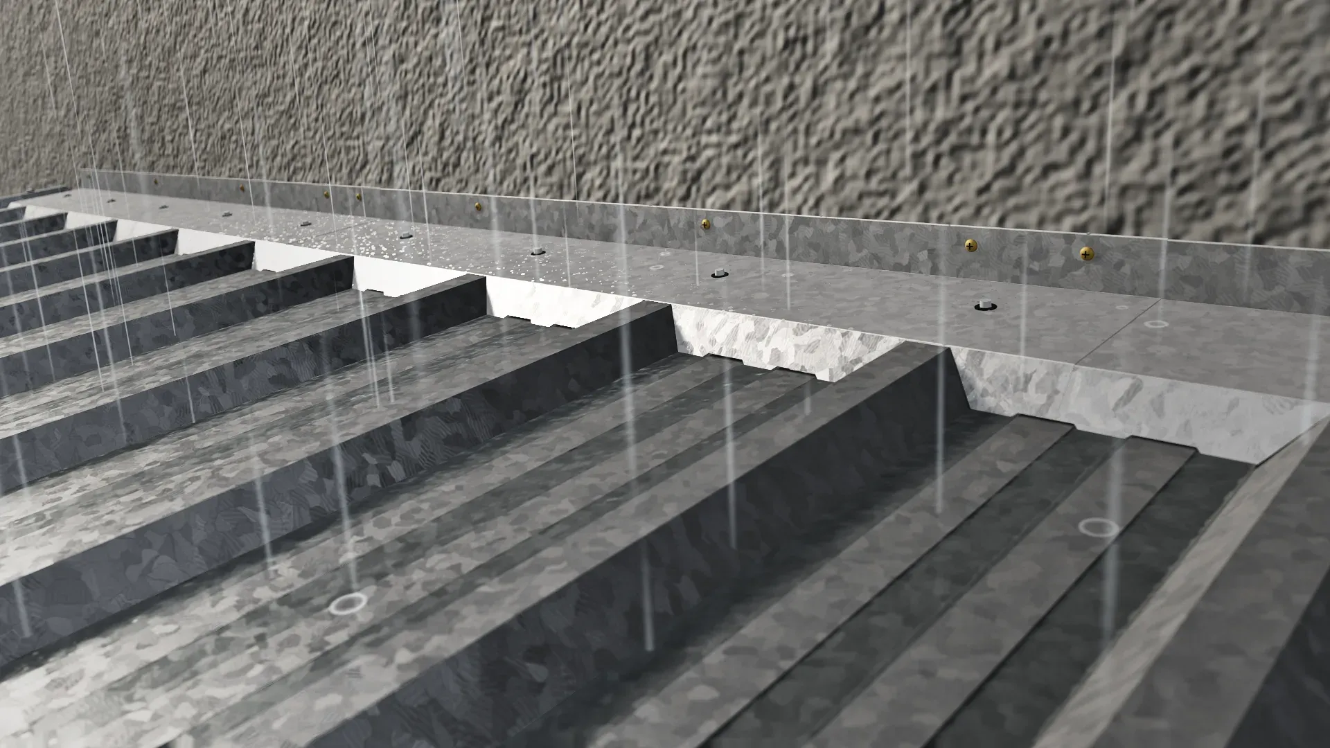 Babeta de chapa galvanizada atornillada a la pared, sobre un techo de chapa trapezoidal galvanizada, bajo la lluvia