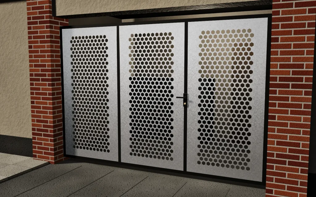 Portón de tres paños con bandejas de chapa galvanizada con dibujo de hexágonos cortado con láser