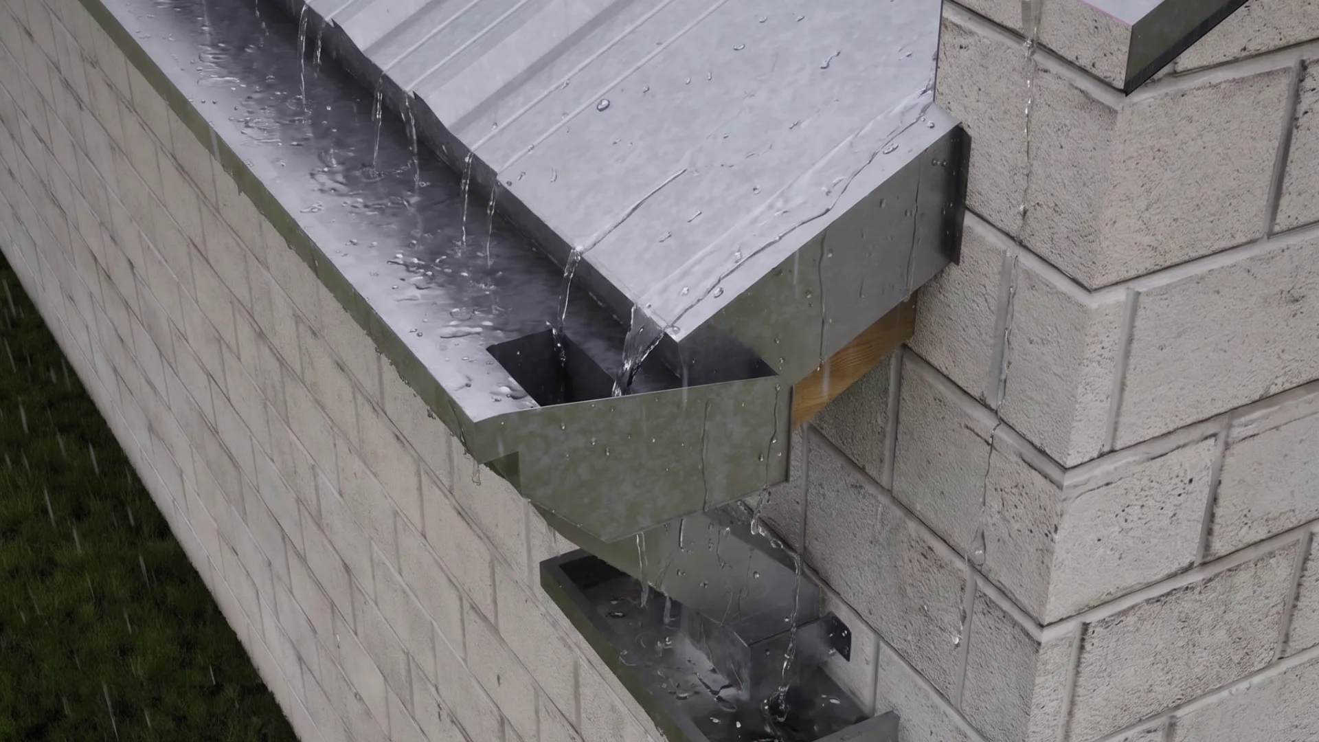 Canaleta americana galvanizada con embudo y bajada en la esquina de una casa, bajo la lluvia