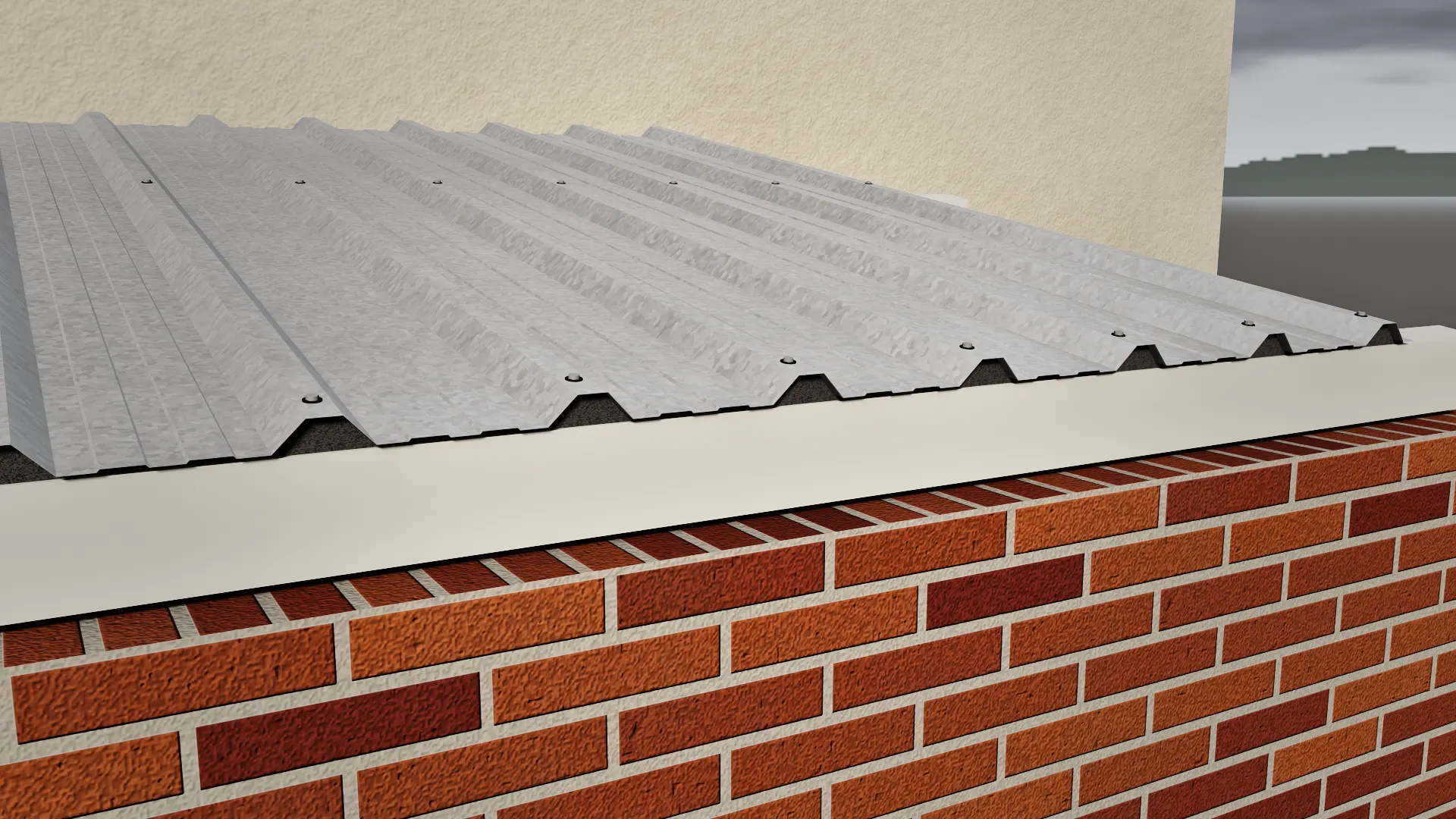 Borde de un techo de chapa trapezoidal con la tira de Compriband cerrando el hueco de cada onda
