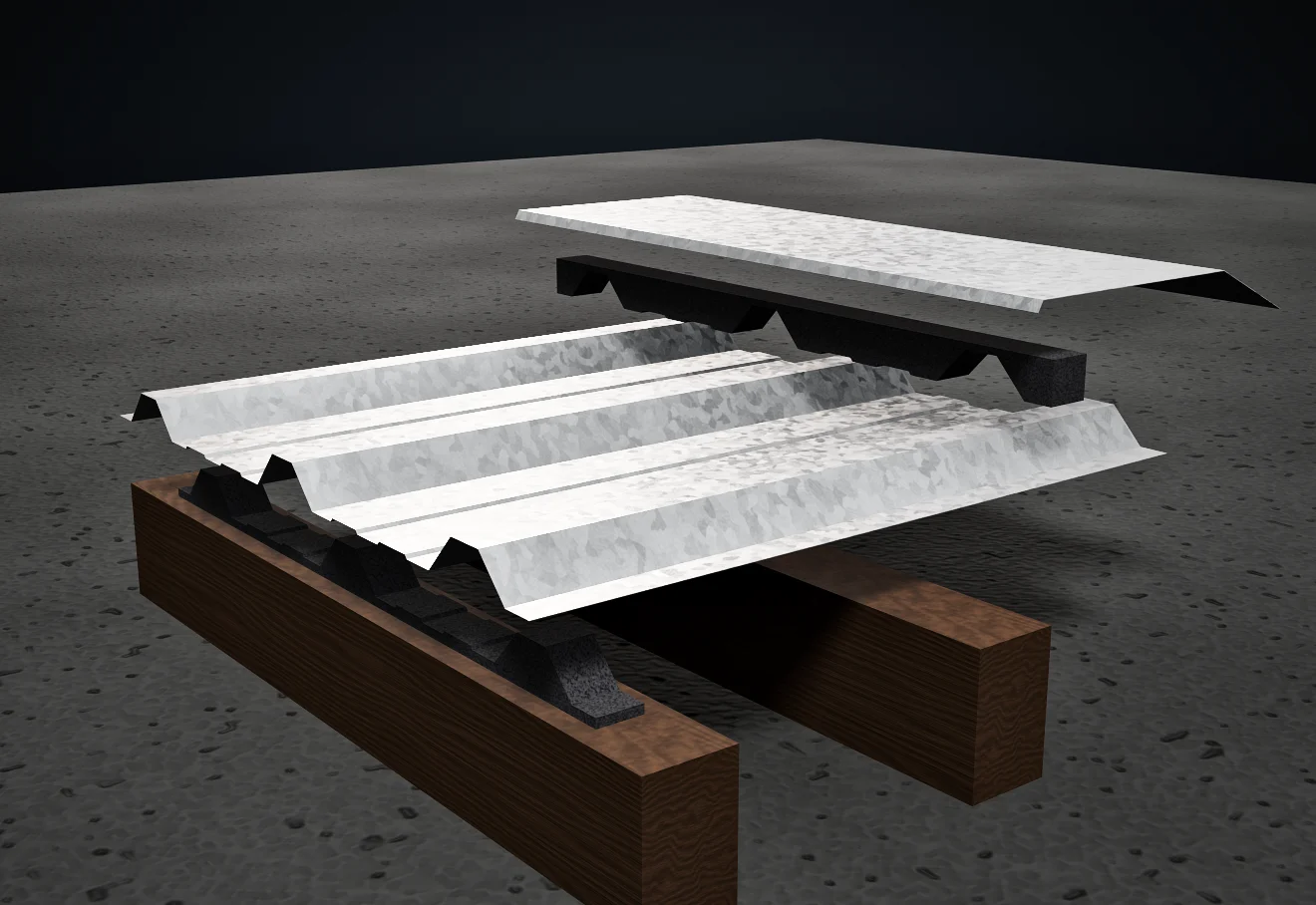 Tiras de Compriband para chapa trapezoidal: la base sobre el apoyo, la chapa, la tira de cumbrera y la cumbrera, separadas para ver cómo calzan