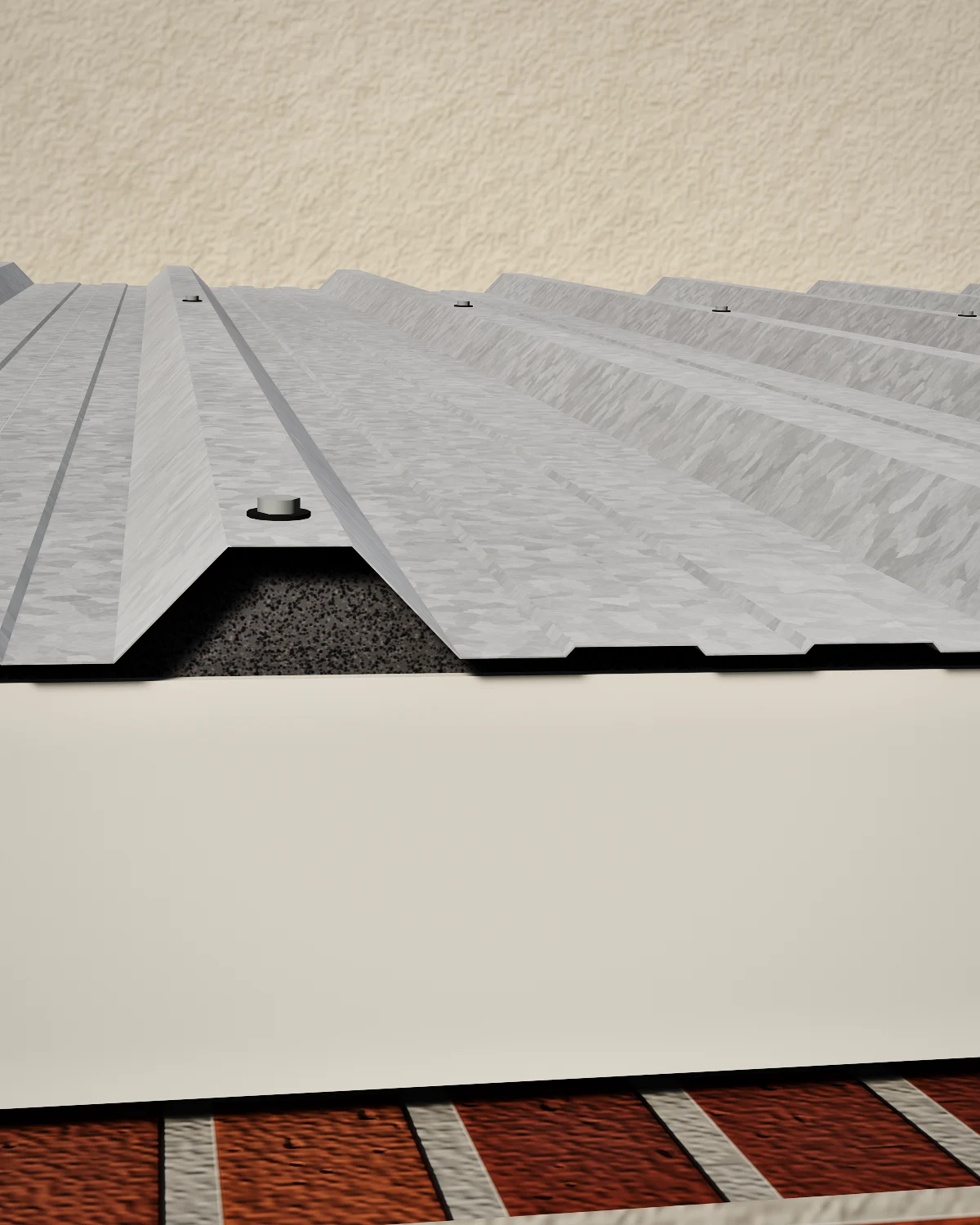 Detalle del borde de un techo de chapa trapezoidal con el Compriband cerrando la onda