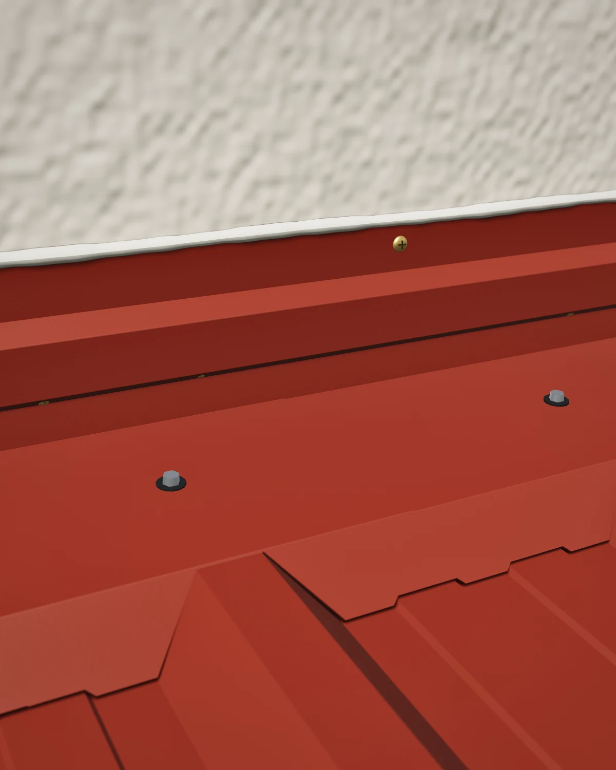 Cubrebabeta rojo teja contra una pared revocada, con sellador arriba y la babeta troquelada debajo