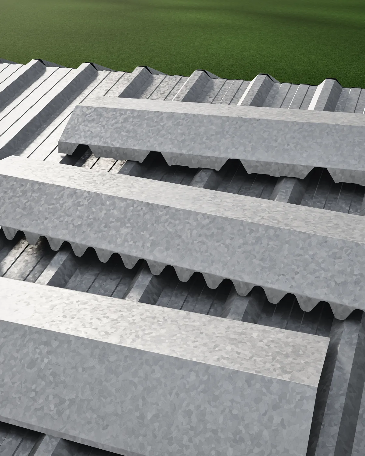 Cumbreras galvanizadas lisa, sinusoidal y trapezoidal apoyadas sobre un techo de chapa galvanizada
