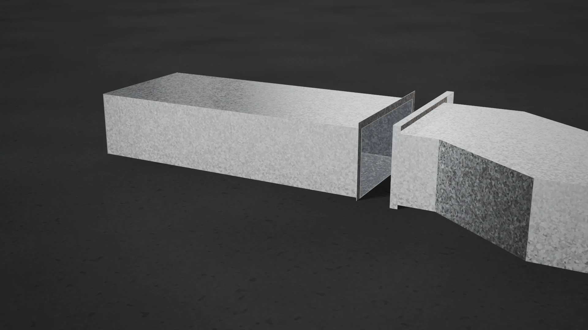 Desvío de chapa galvanizada con marco, frente a un tramo de conducto rectangular con pestaña