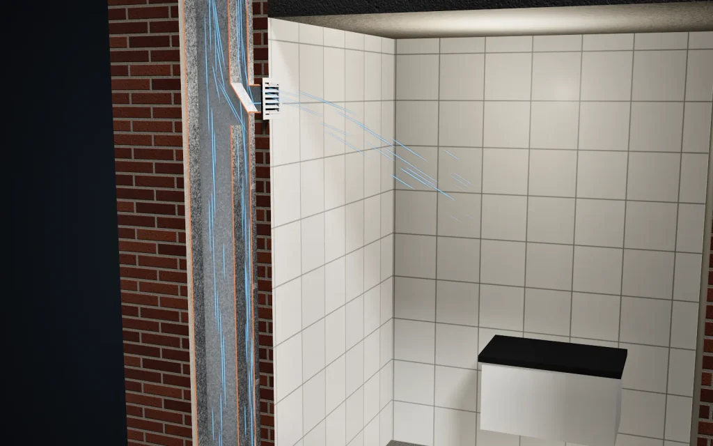 Corte de un baño de edificio con la rejilla conectada a la columna de ventilación de chapa