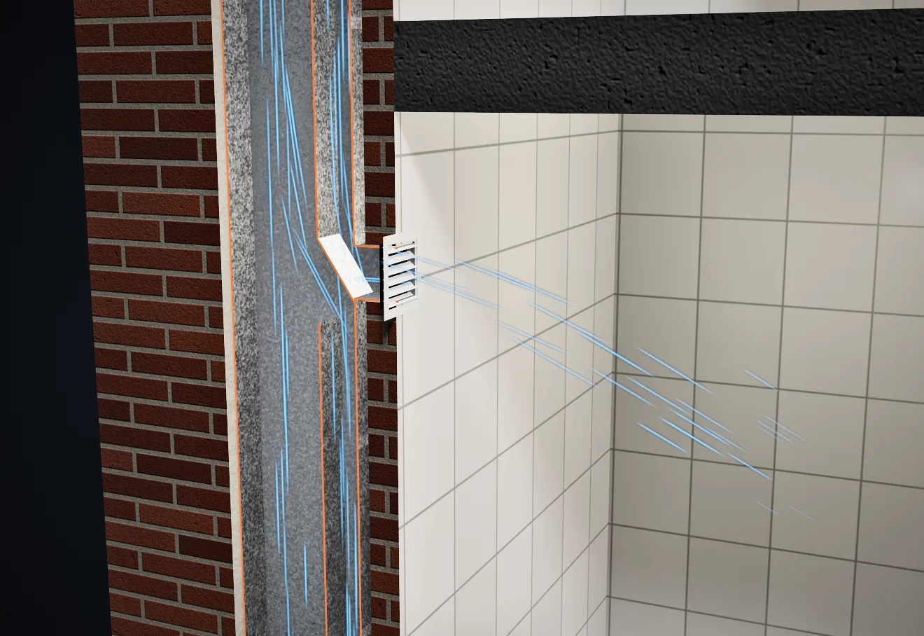 Corte de un edificio: la columna de conducto de chapa galvanizada con división, con el aire del baño entrando por la rejilla y subiendo