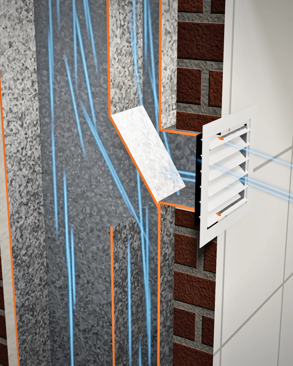 Detalle en corte del deflector: el aire del baño entra por la rejilla y sube por el conducto secundario
