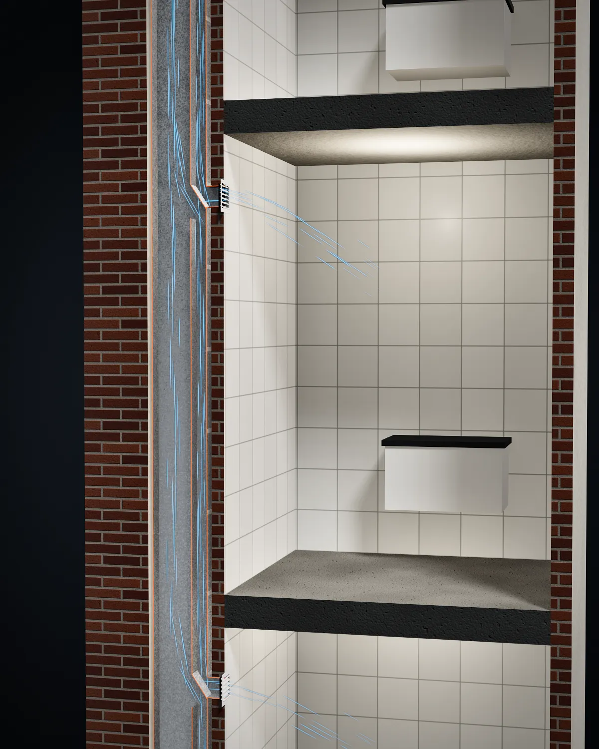 Corte de dos pisos con la columna de ventilación y la rejilla de cada baño
