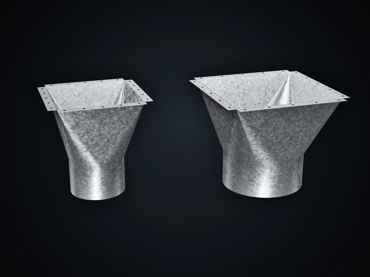 Embudos de chapa galvanizada para canaleta galponera: boca de 15 × 15 cm con salida de 4 pulgadas y boca de 20 × 20 cm con salida de 6 pulgadas