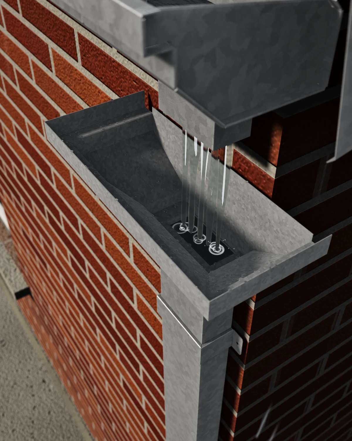 Agua de lluvia cayendo de la boqueta al embudo colector galvanizado