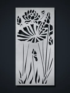 Panel decorativo de chapa N6 Flor Pantano, cortado con láser