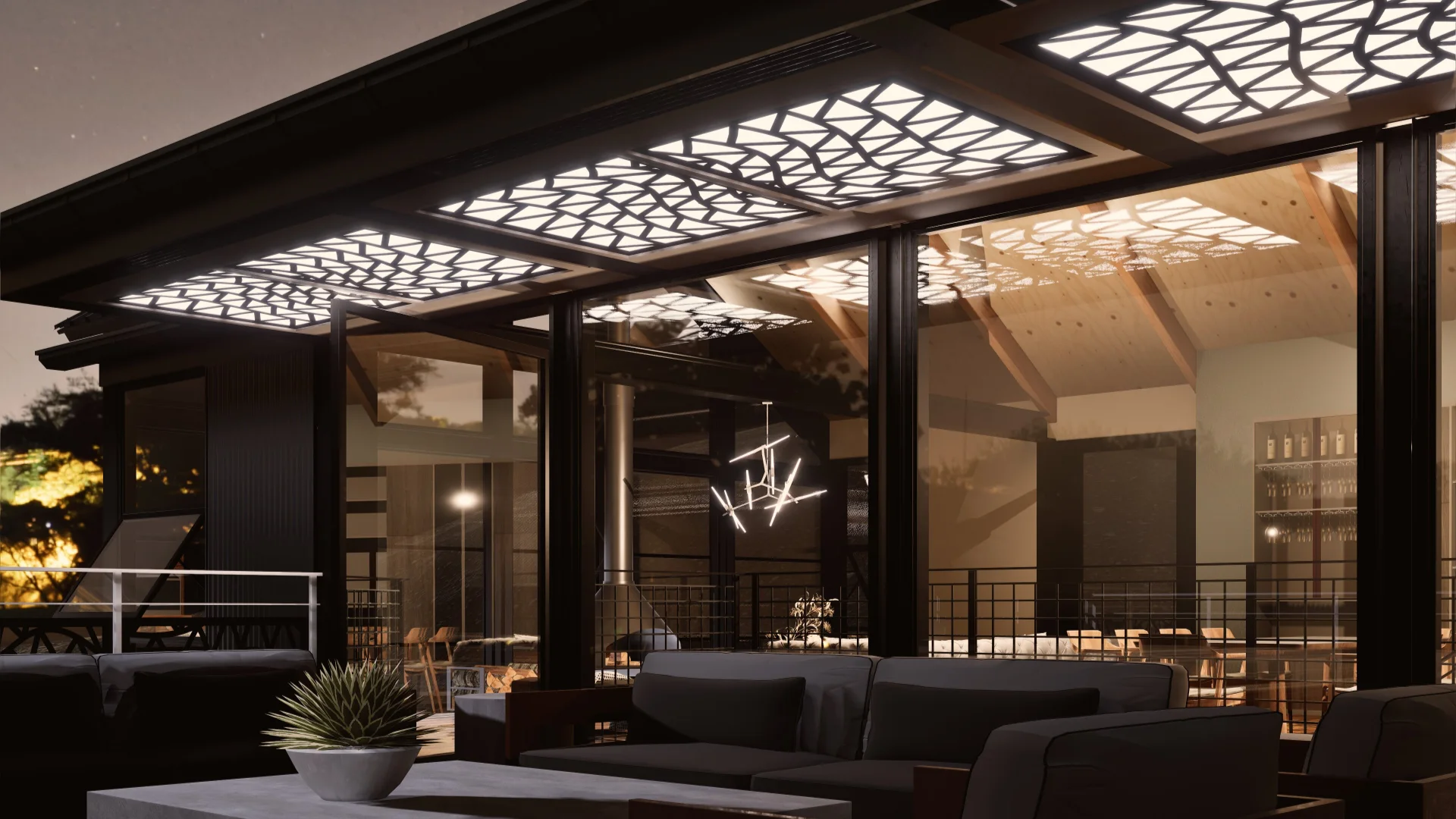 Galería de noche con cielorraso de paneles decorativos calados e iluminados