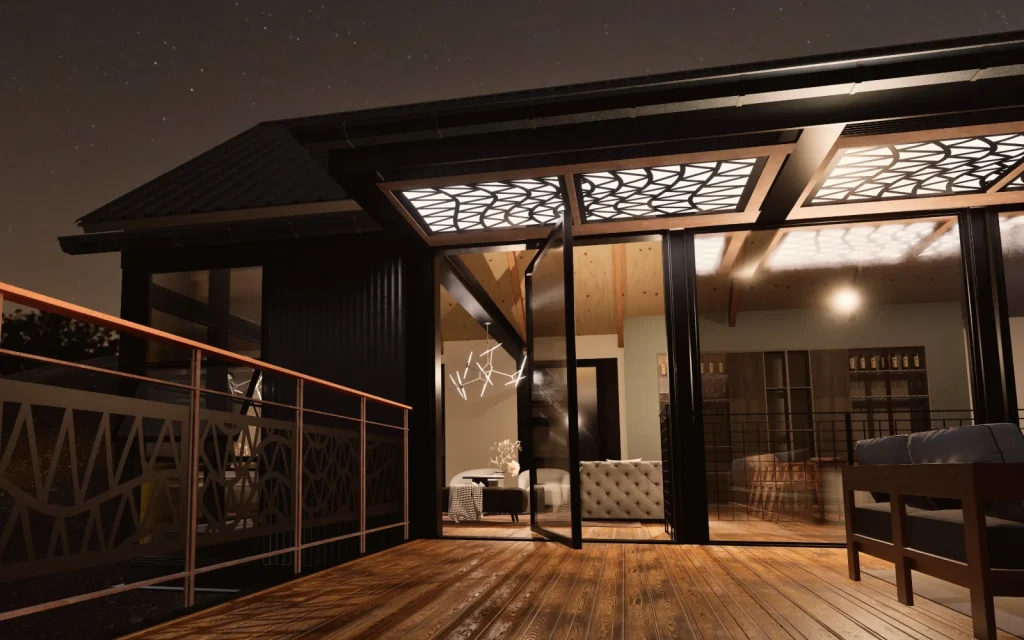 Deck de noche con baranda y cielorraso de paneles decorativos Ondas Triángulos iluminados