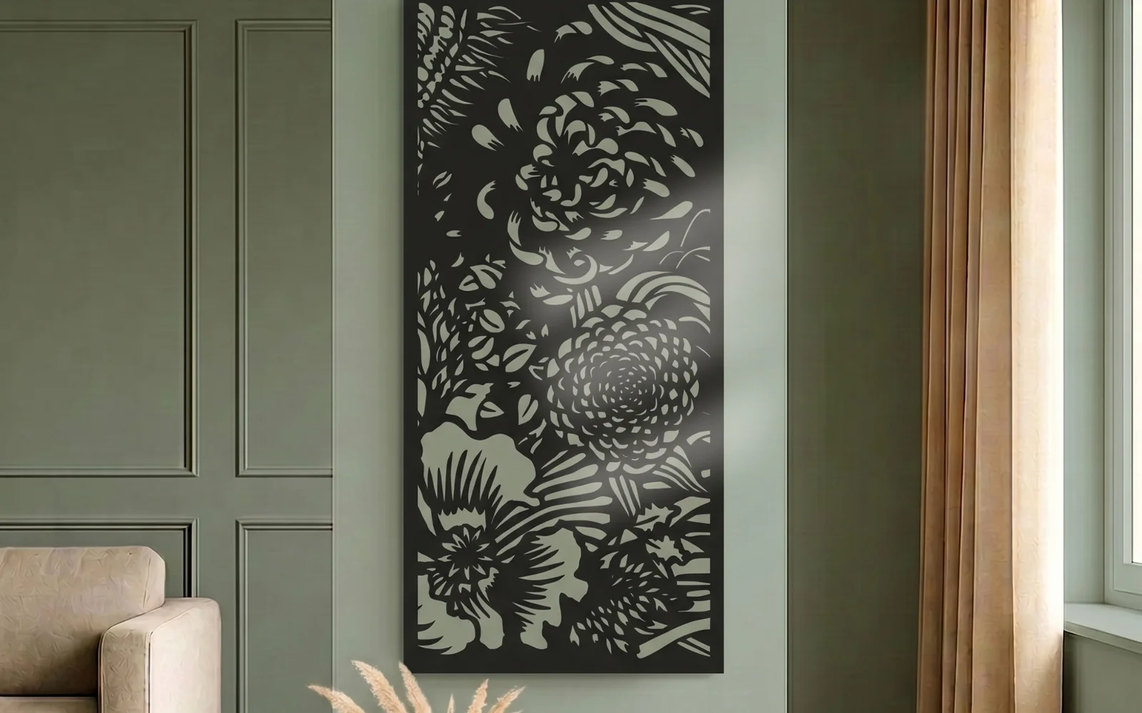 Panel decorativo Flores Japonesas colgado como cuadro en un living