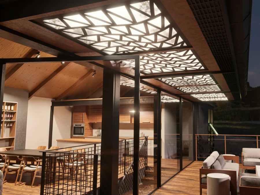 Terraza de noche con cielorraso de paneles decorativos de chapa calada iluminados desde arriba