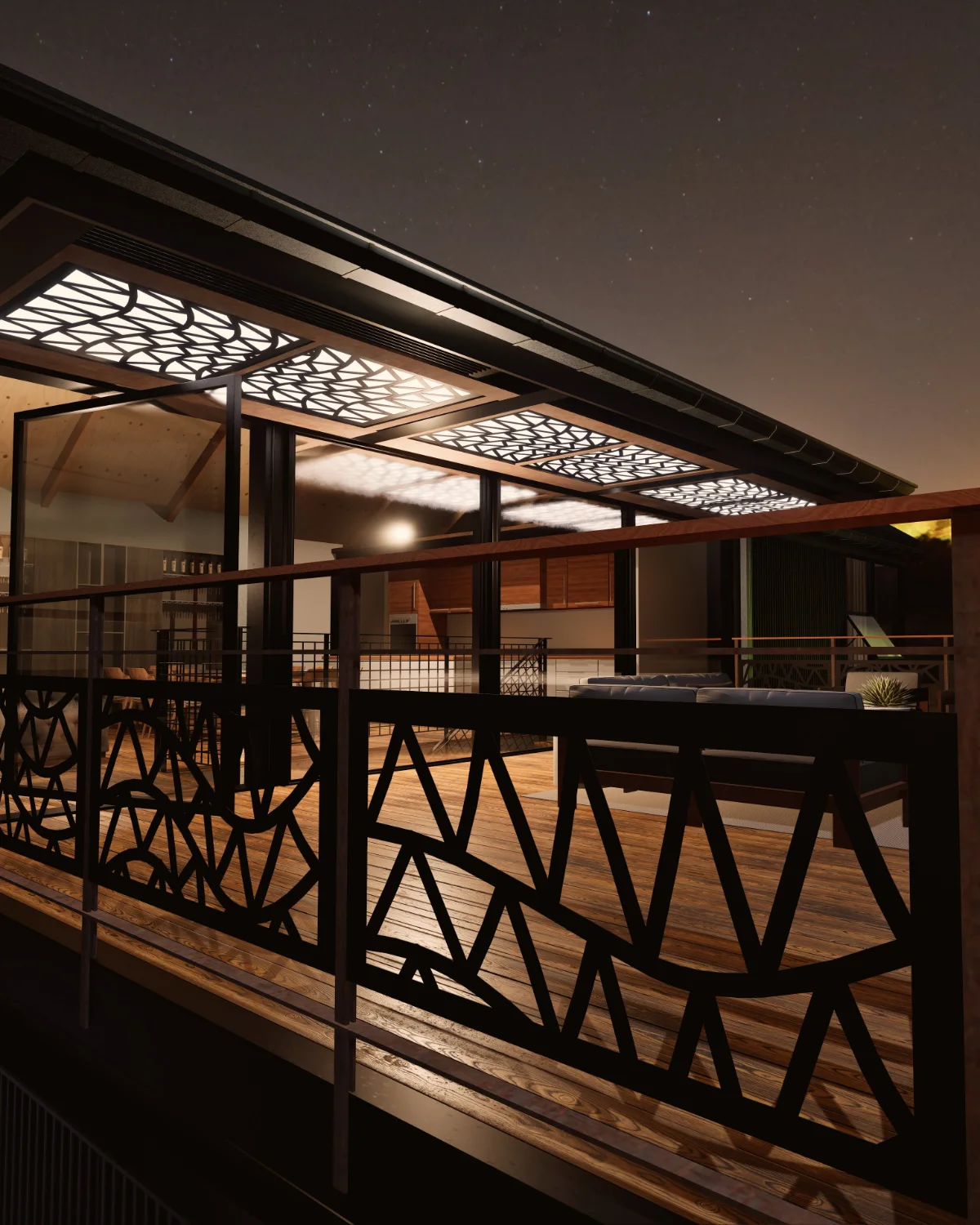 Baranda de paneles decorativos Ondas Triángulos en un deck, de noche