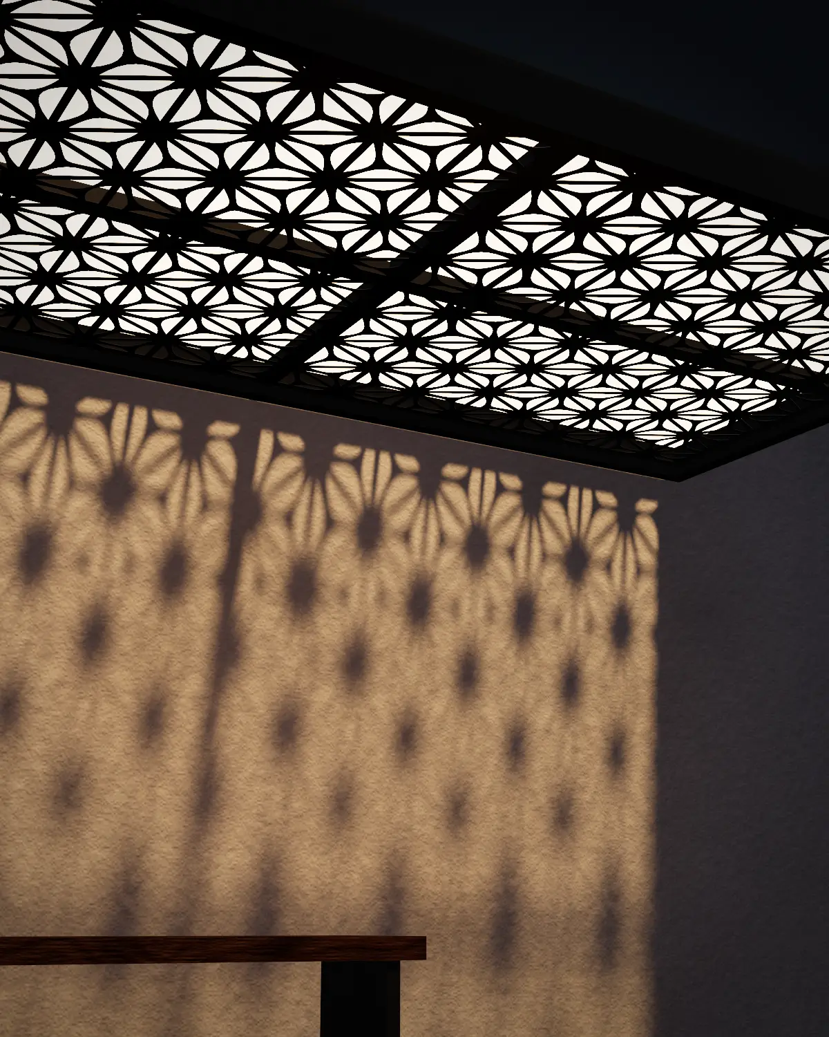 Cielorraso de paneles decorativos Flor de Pétalos iluminado, visto desde abajo