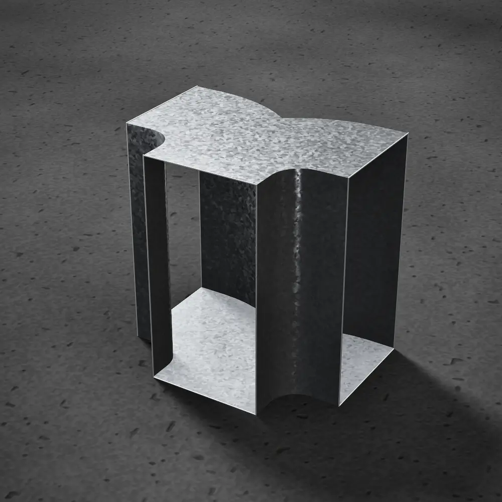 Pantalón a 90° de frente, rectangular, de chapa galvanizada