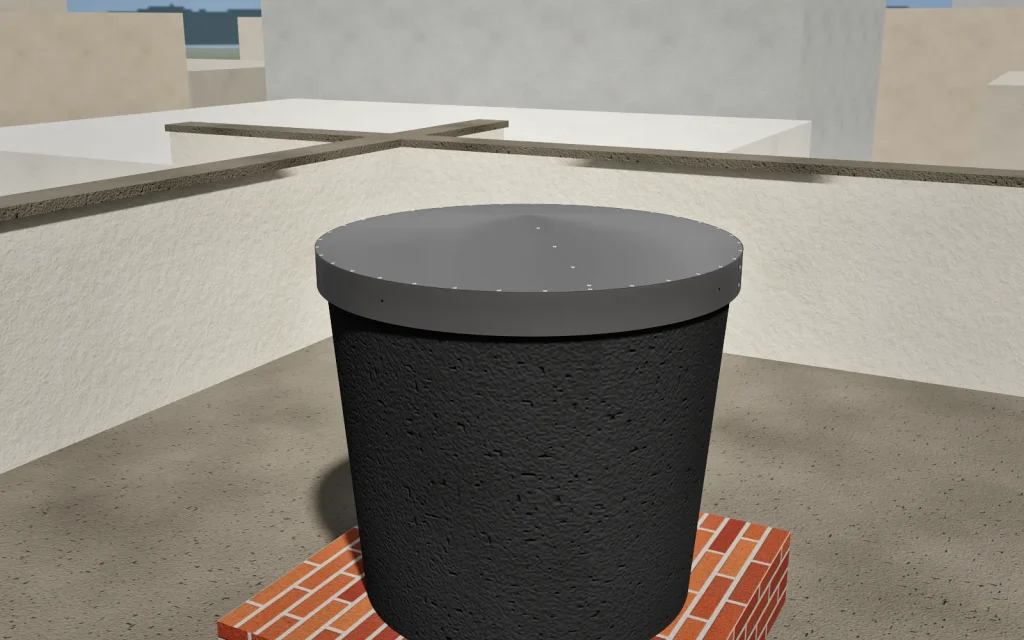 Tanque de agua en una terraza con tapa cónica de chapa prepintada gris pizarra