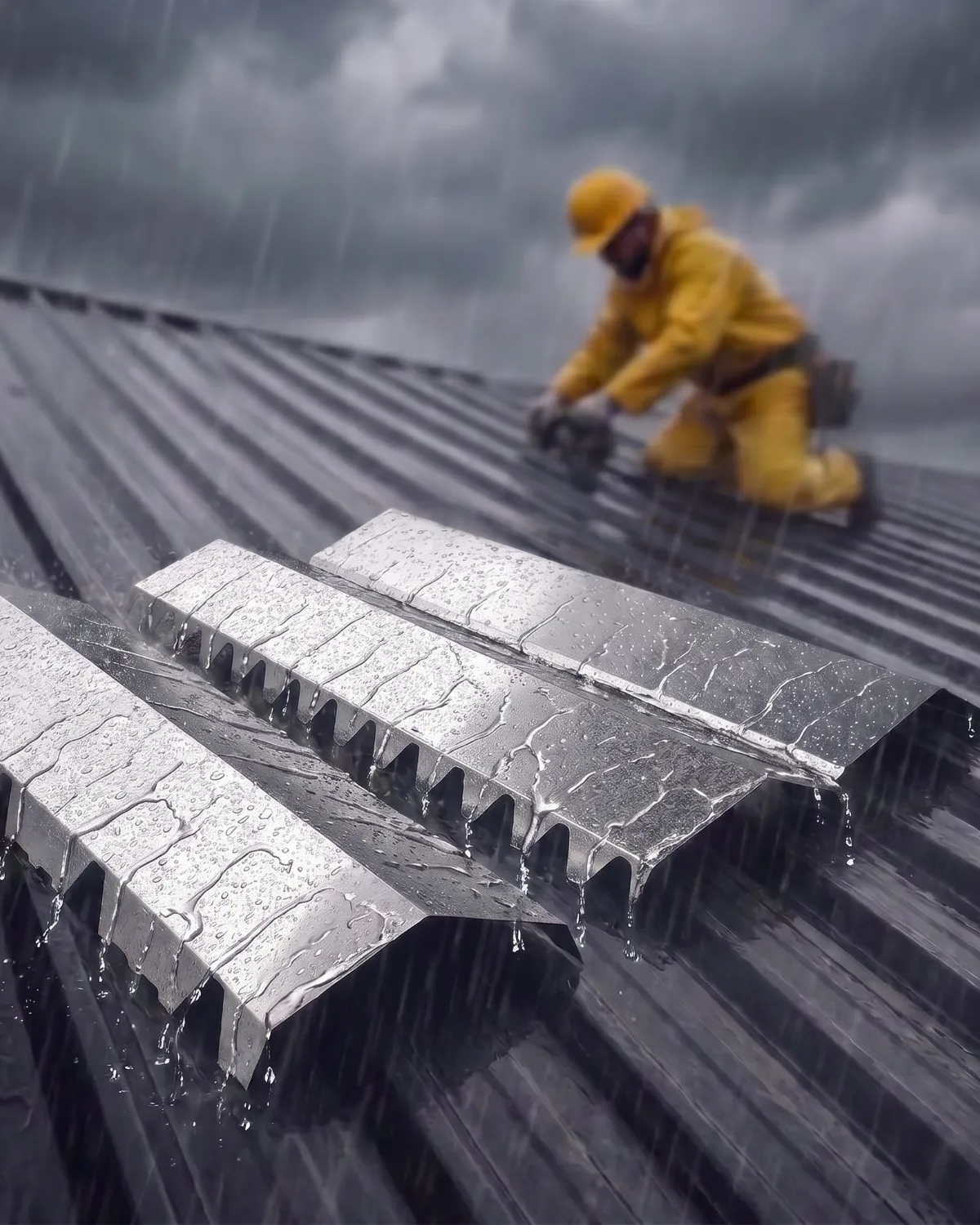 Techista colocando cumbreras de chapa sobre un techo bajo la lluvia